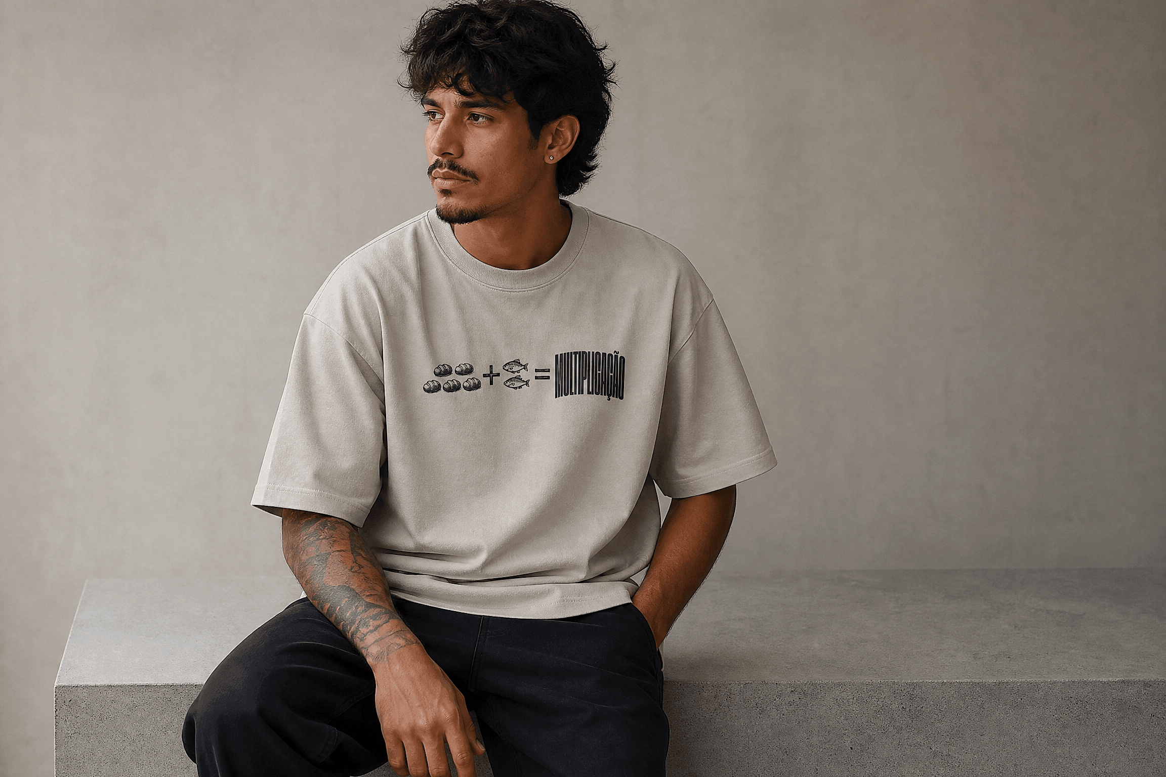 Modelo masculino sentado com camiseta Off-White da coleção Multiplicação